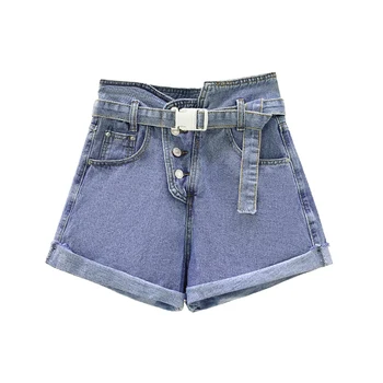 

New Denim Shorts for Women Vintage Irregular Denim Shorts Fashion Belt Denim Shorts Loose High Waist Curled Denim Hot Pants