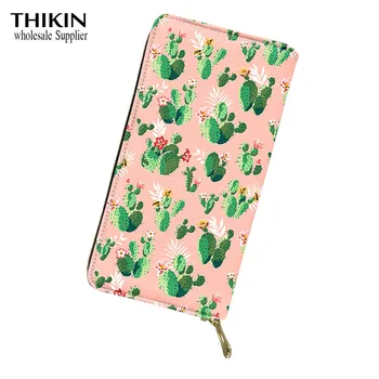 

THIKIN Cartoon Cactus Pattern Women Card Holder/Cash Phone Purse Best Gift Leather Pocket Female Thin Money Bag Custom PU Wallet