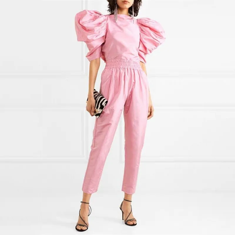 

2020 Fashion Temperament Set Round Neck Puff Sleeve Short Sleeve Top + Elastic Waist High Waist Pants Pants Trousers Set