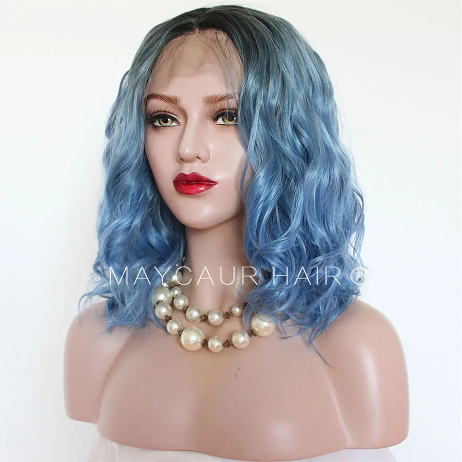 Maycaur Lace Front Wigs Short Wavy Hair Blue Color Synthetic Wigs for Black Women Natural Color Half Hand Tied Heat Resistant Soft Fiber Hair 16 Inch (5)