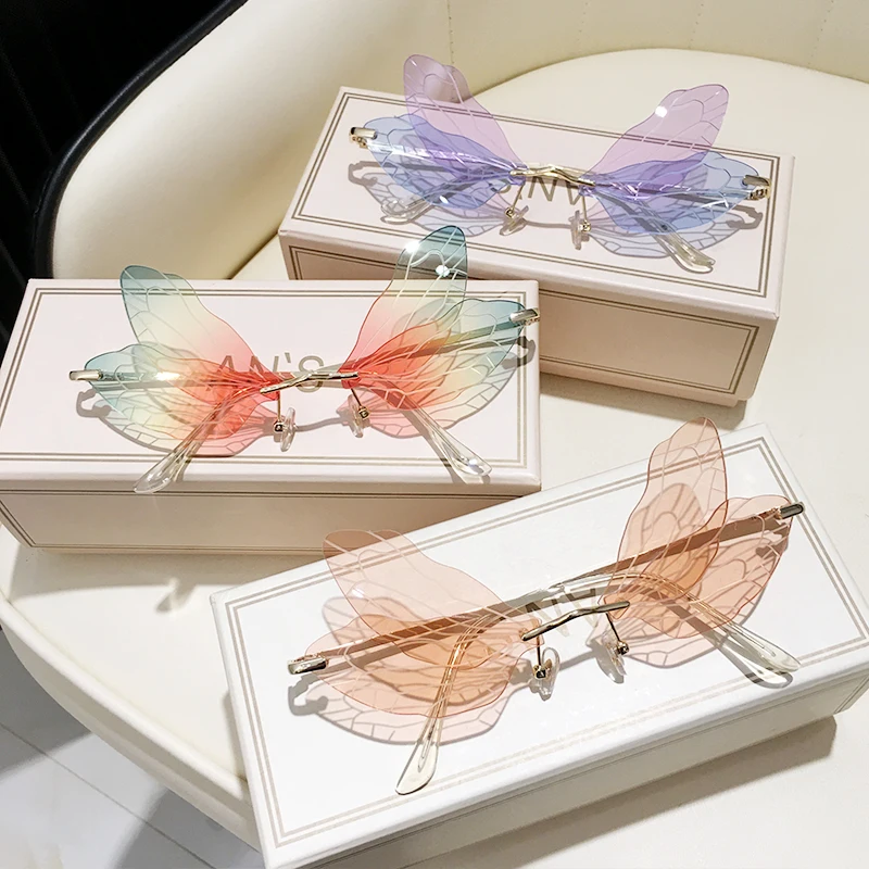 KESYOO Creative Glasses Dragonfly Wings Glasses Rimless Sunglasses Women Party Glasses Light Green