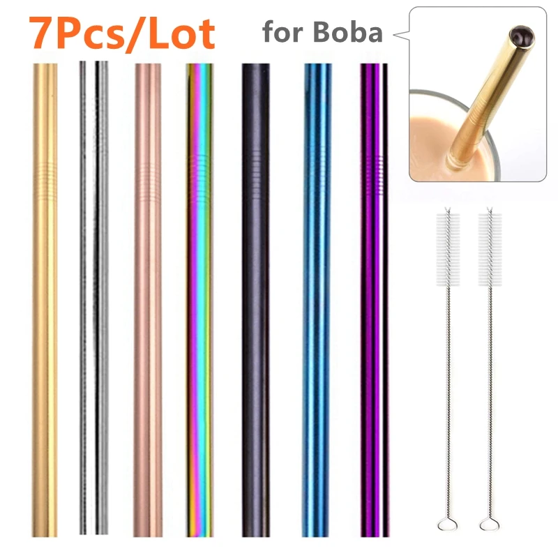 4pc Stainless Steel Metal Reusable Straw Kit 7 color Extra Wide for Bubble Tea 