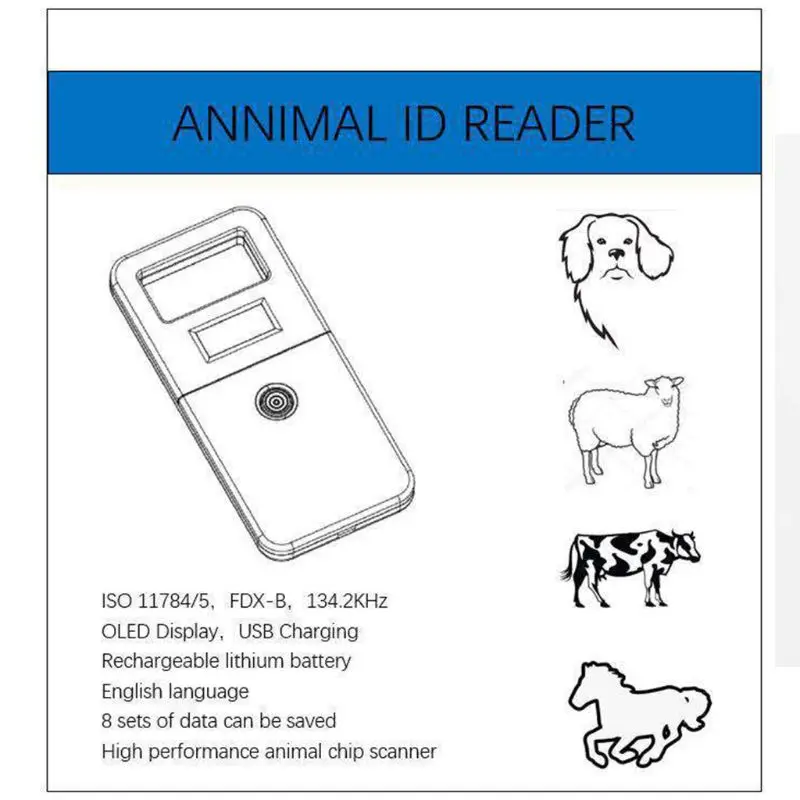  FDX-B Animal pet id lector chip transpondedor USB RFID handheld microchip escáner para perros gatos