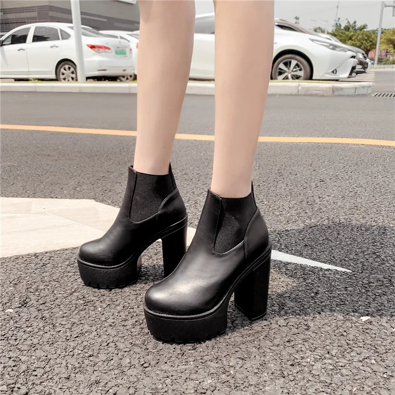 YMECHIC 2022 Autumn Winter Platform Boots Women Block Heels Black Chelsea Gothic Punk Rock Street Ladies High Heel Ankle | Обувь