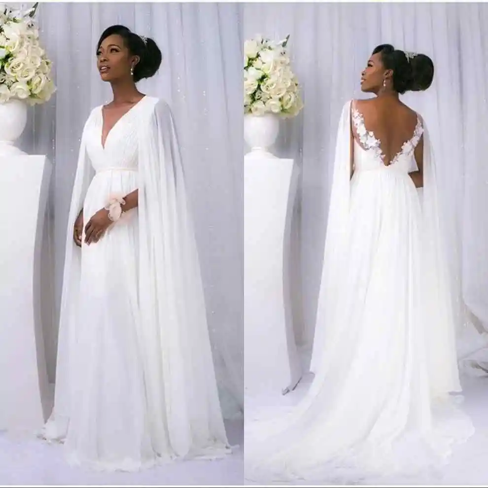 

Boho Style A-Line Simple Pregnant Wedding Dress 2020 New Arrival Deep V-neck Applique with Flowers Wedding Dress