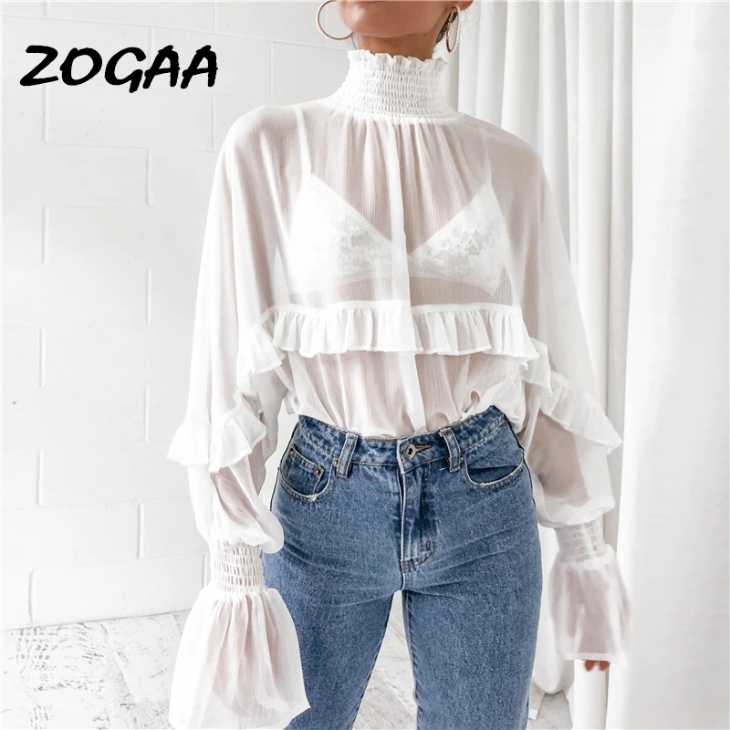 

2019 New Women Blouses Sexy See Through Ruffle Chiffon Blouse Elegant Perspective Long Sleeve Shirt Turtleneck Top Camisas Mujer