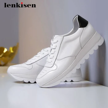 

Lenkisen new sports style full grain leather mixed colors white sneaker round toe lace up all-match dating vulcanized shoes L6f2