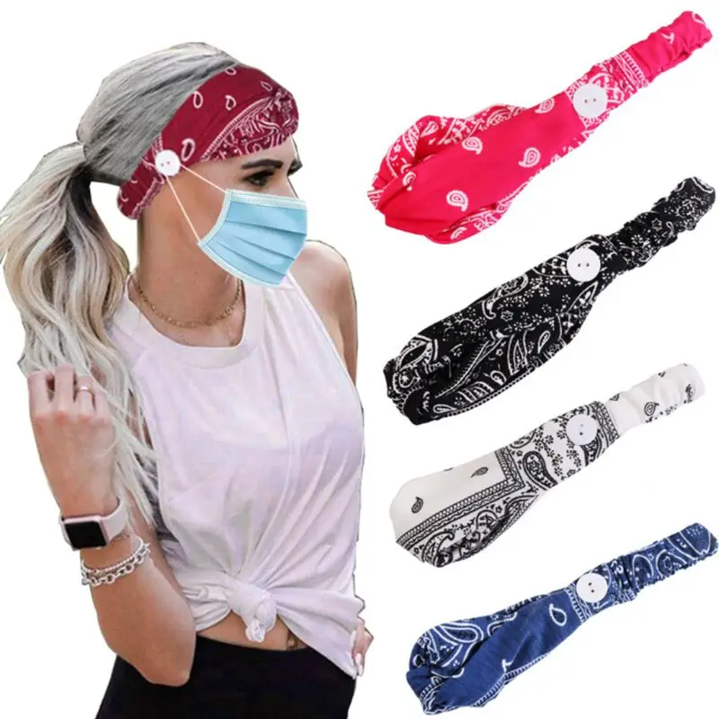 

Unisex Yoga Sport Button Headband Boho Paisley Floral Twist Knot Headwrap Anti-Tight Ears Mask Holder Stretchy Turban