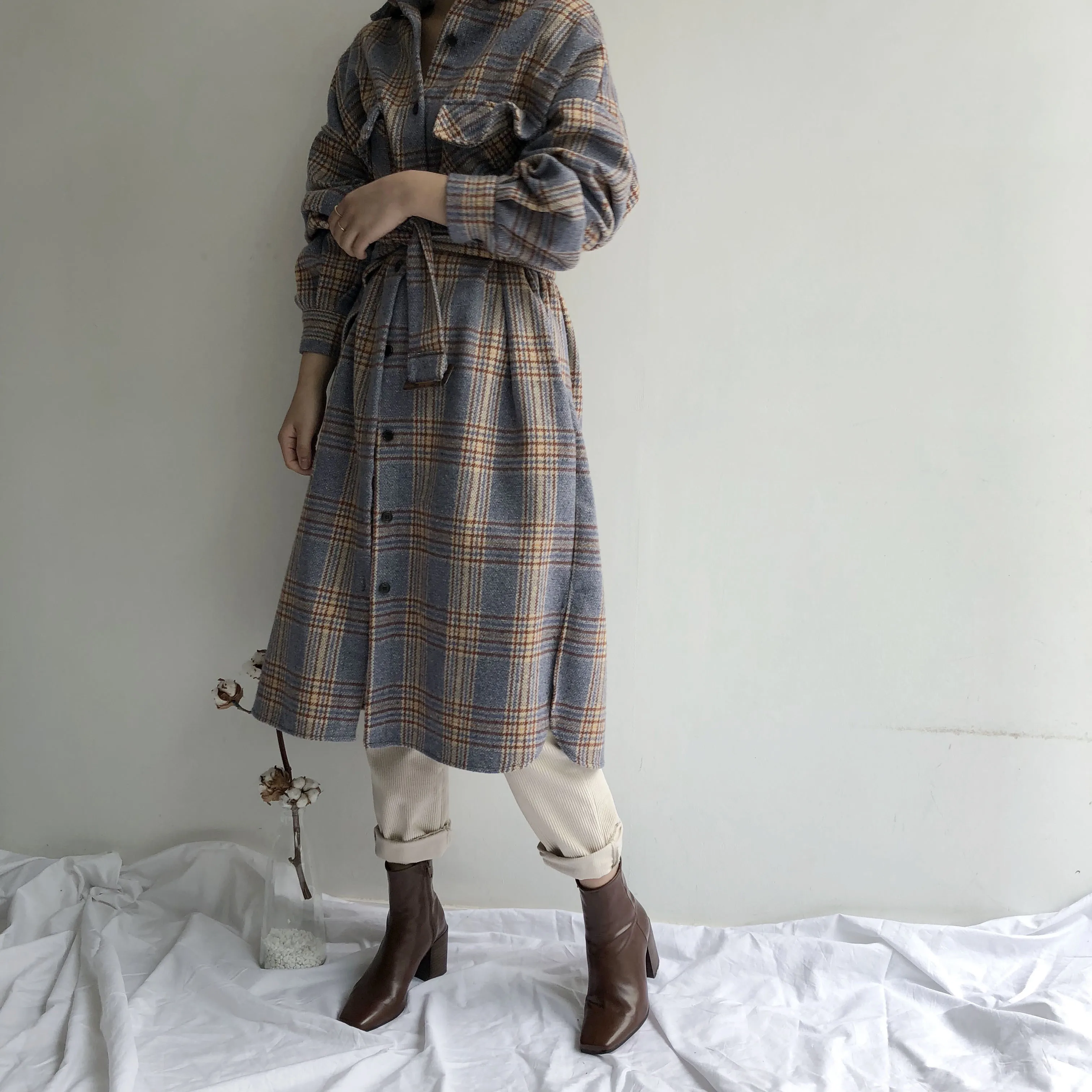 SHENGPALAE шикарные нагрудные однорядные пряжки и цветные решетки повязки талии длинные средства выше колена шерстяные Свободные корейские пальто для женщин FV333