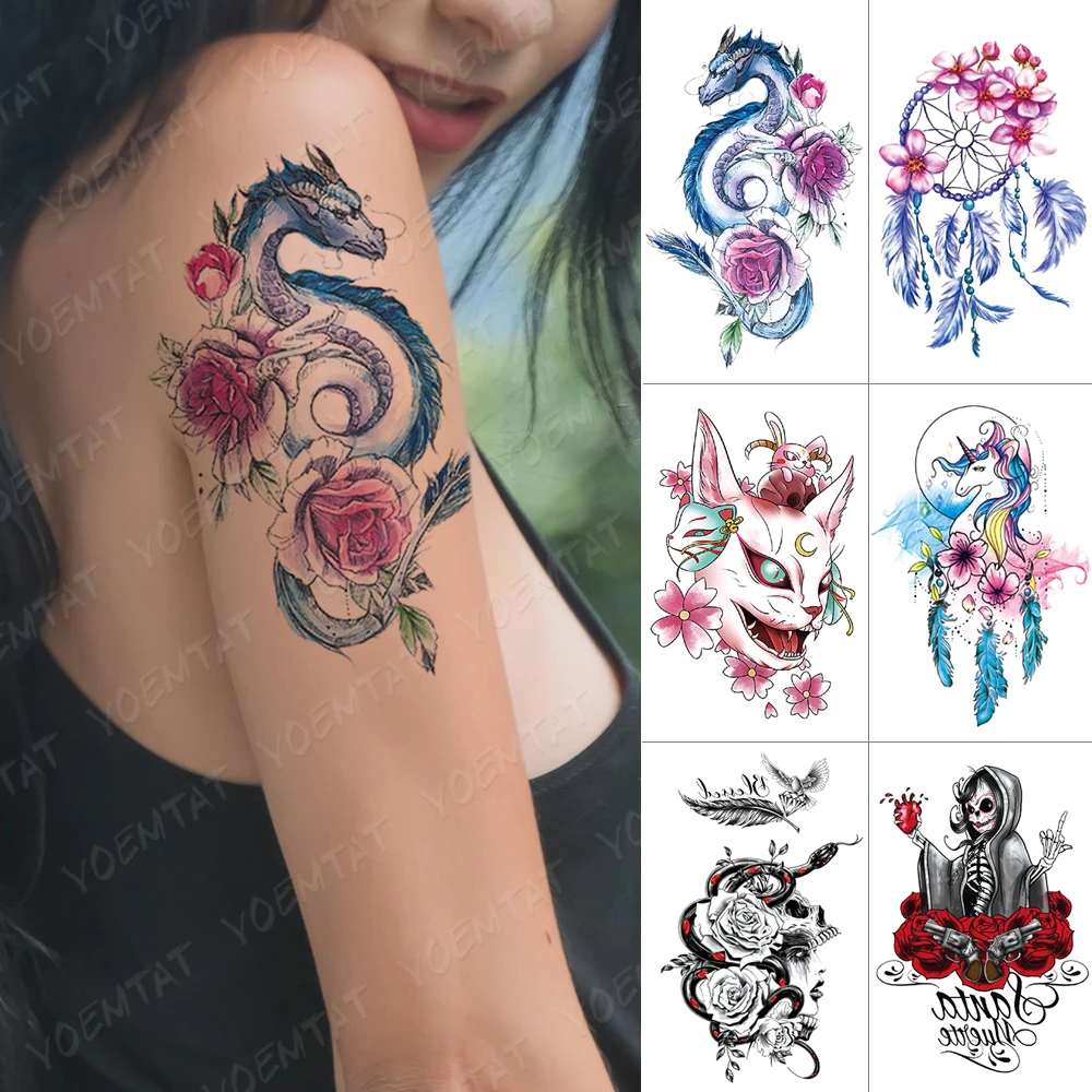

Waterproof Temporary Tattoo Sticker Dragon Rose Cat Unicorn Dreamcatcher Flash Tattoos Witch Snake Body Art Arm Fake Tatoo Women