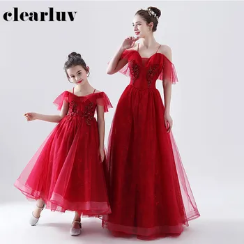 

Elegant Mom And Daughter Gown DB111 Red A-Line Robe De Soiree Off The Shoulder Formal Evening Dress Sling Parent child Party Set