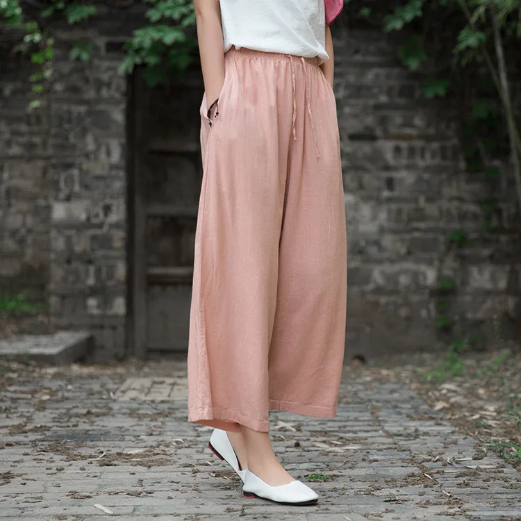 Johnature 2020 Autumn Women New Retro Elastic Waist Cotton Linen Lace Up Wide Leg Pants Loose Casual All-match Ankle-length Pant