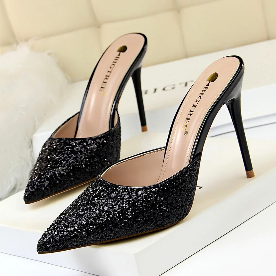 

9.5CM PUMPS 2020 fashion simple metal with stiletto high-heeled shallow mouth pointed sequined women's sandals