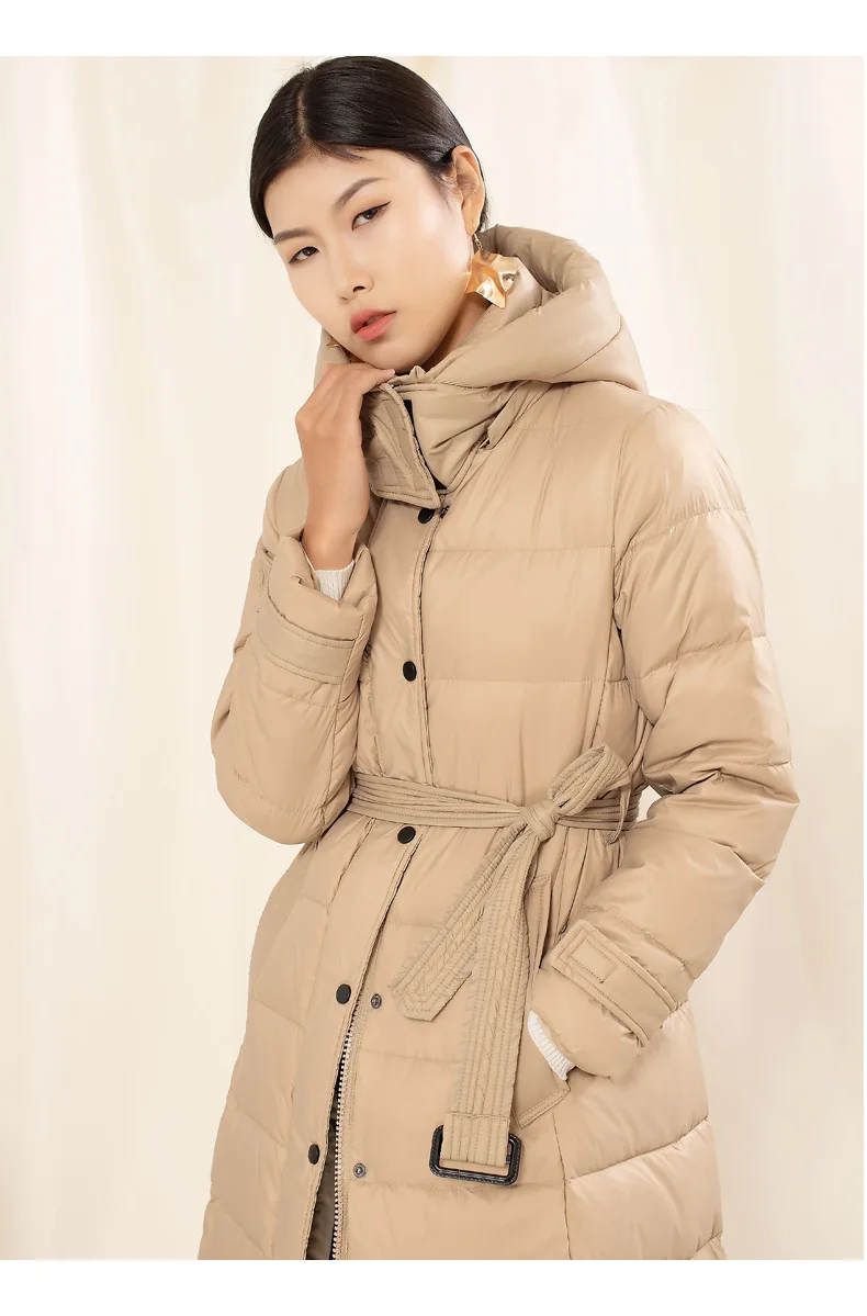 Зимняя женская куртка, пальто, длинная парка, Женское пальто высокого качества, женская тонкая теплая верхняя одежда с поясом, белый утиный пух, пальто с капюшоном