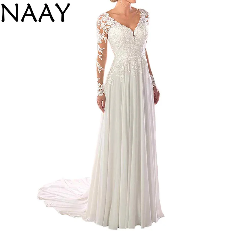 

NAAY 2020 New Lace Applique Wedding Dress White Ivory Tulle A-Line V-neck Long Sleeve Elegant Plus Size Vintage Bridal Gown