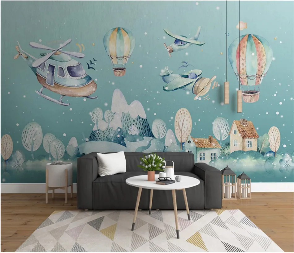 Скандинавский мультфильм детская комната обои на стену 3D деревенский вертолет горячий воздух воздушные шары обои 3D Papel де Parede