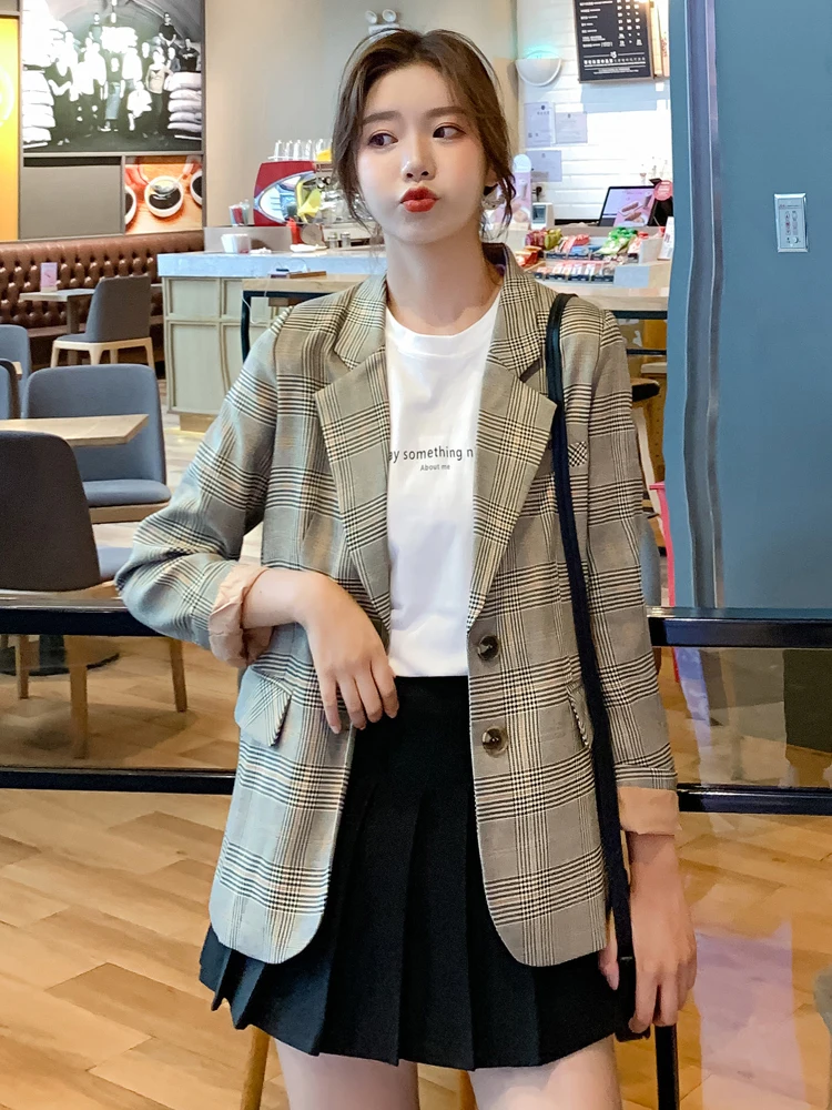 Korean Plaid Ladies Blazer Khaki Casual Loose Stylish Suit Jacket Blazer Paillette Retro Women's Clothing Large Size MM60NXZ