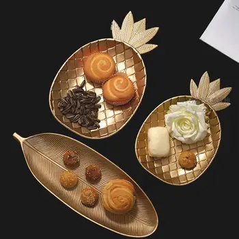 

Simple Nordic Style Wooden Golden Tray Pineapple Leaf Shape Snack Fruit Bowl Wooden Storage Tray