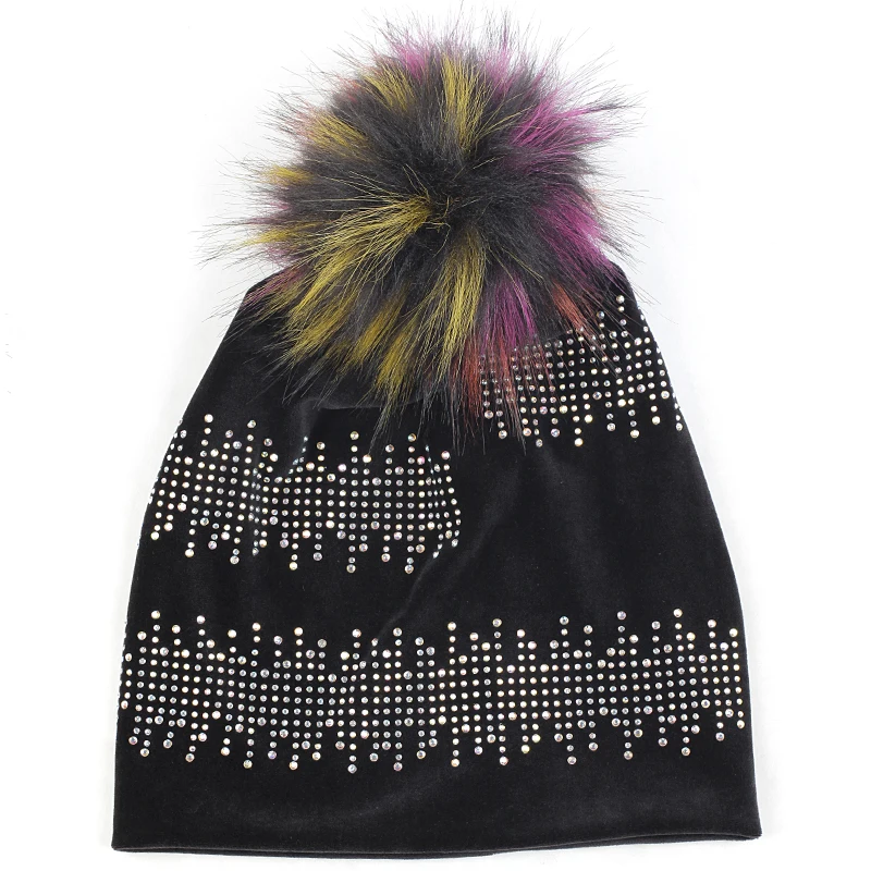 Geebro, модная женская шапка, стразы, Skullies Beanies, зимняя, теплая, женская, толстая, для девушек, мягкая, шапка с 15 см искусственным мехом, помпон, Hairball - Цвет: black 23
