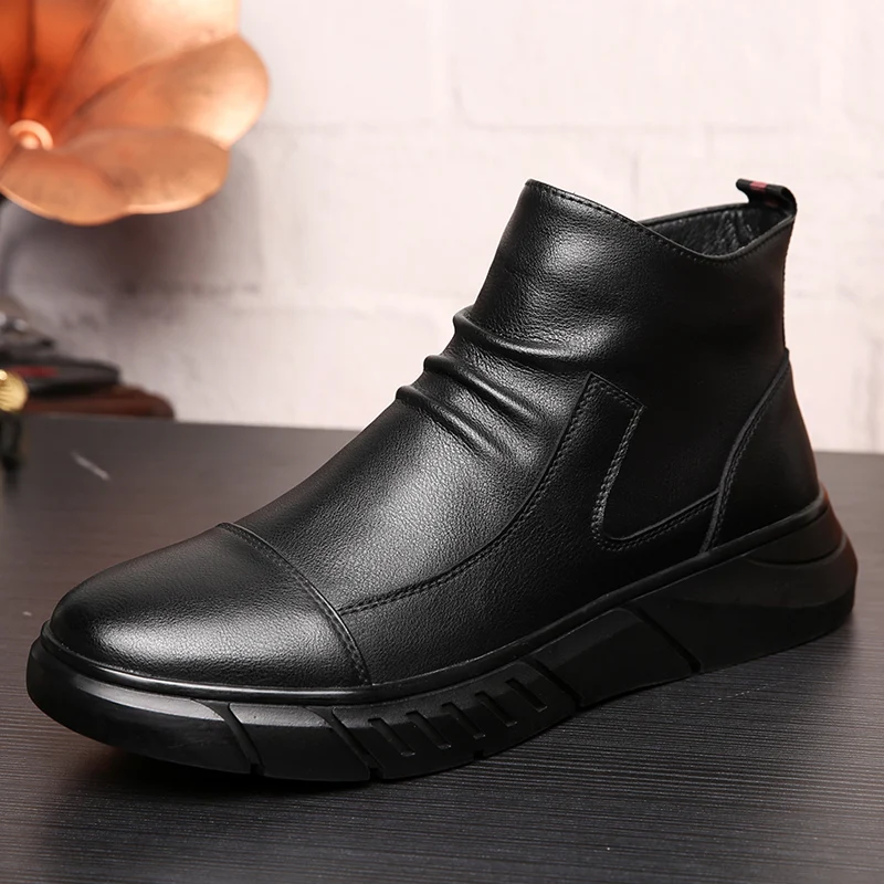BIMUDUIYU Genuine Leather Men's Winter Boots Fashion Male Shoes Cow Leather Man Ankle Black Boots High Top Casual Shoes Side Zip