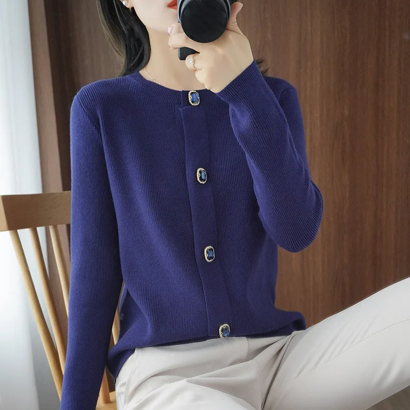 

New Autumn and Winter Women's Fashion Coats Pure Cashmere Blue Diamond Button Jacket Women Sweaters Cardigans