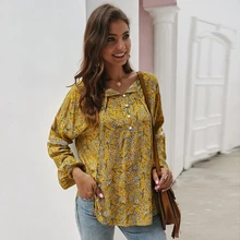 New Spring Summer V Neck Lantern Sleeve Casual Boho Ladies Shirt Fashion Floral Print Womens Tops And Blouses Blusas Mujer 2020