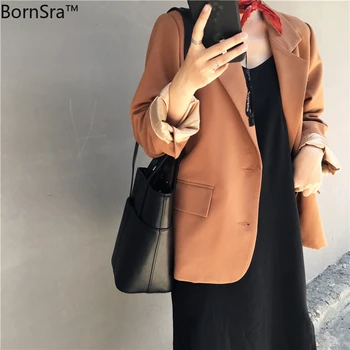 

BornSra New 2020 Spring Autumn Women's Blazers Casual Pockets Single Breasted Loose Jackets Notched Outerwear Wild Tops