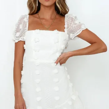 

Summer Women Square Collar Sweet Dress Puff Sleeve A-line Elegant Temperament Party Mini Spliced Dress Female