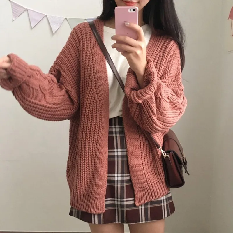 

Women Casual Sweater Cardigan Lantern Sleeve Round Neck Loose Autumn Cardigan Warm Knitted Sweater