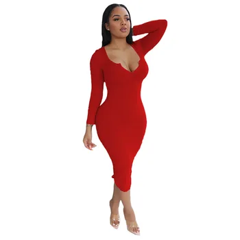 

2020 European and American women's solid color V-neck long sleeve slim dress 923