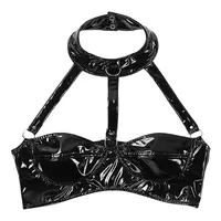 MSemis Women Pole Dance Crop Top Wet Look Patent Leather Lingerie Halter Neck Strappy Harness Backless Wire-free Bustier Bra Top 5