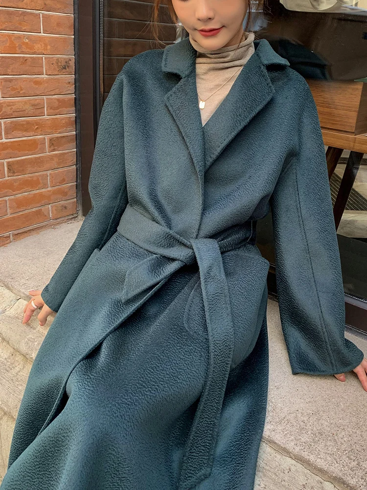 

Новинка Осень-зима 2021, двухстороннее кашемировое пальто в волнистую полоску, женское тонкое шерстяное пальто средней и длинной длины