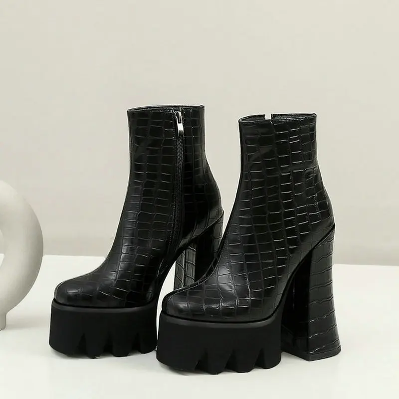 

PU Leather Women Ankle Boots Super Square High Heel 15cm Women Short Boots Fashion Zipper Ladies Autumn Winter Shoes Black