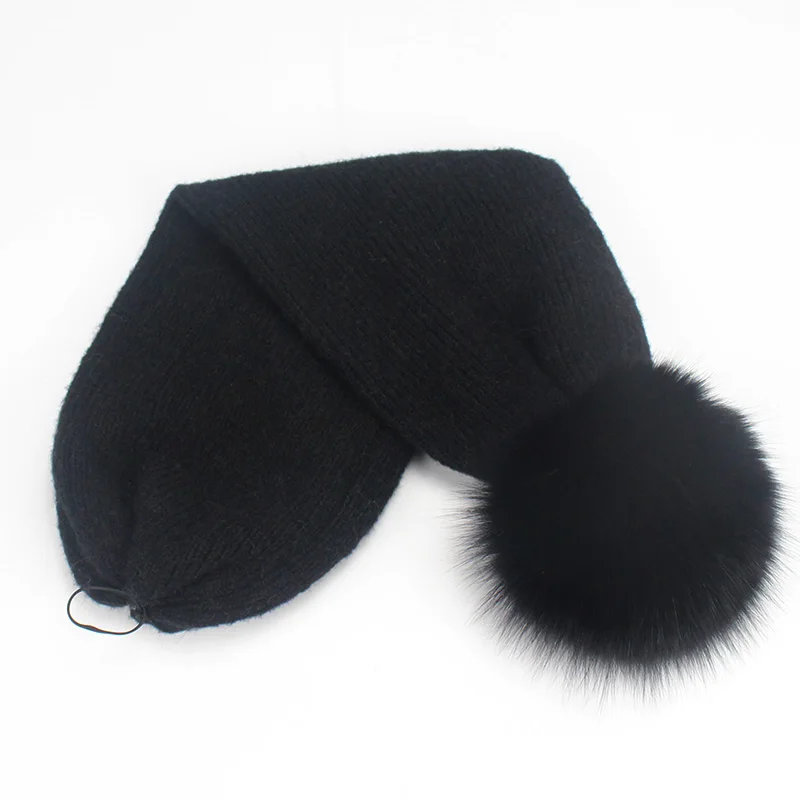 D Pom Pom Real Fur Hat Womens Beanie Hats Scarf Dual-purpose Hat Winter For Raccoon Fur Pompom Skullies Caps Female Striped hats - Цвет: D