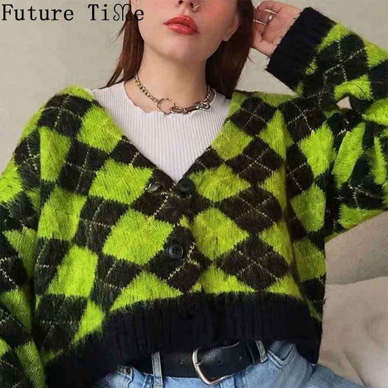 

Future Time Women Sweater 2019 Short Chunky Knitted Cardigan Loose Sweater Coat Student Wear Lattice Single-Row Buttons GX508