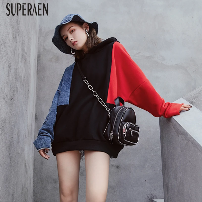 

SuperAen Denim Stitching Hooded Sweatshirts Female Autumn and Winter 2019 New Hoody Long Sleeve Fashion Sweatshirts Women Tops
