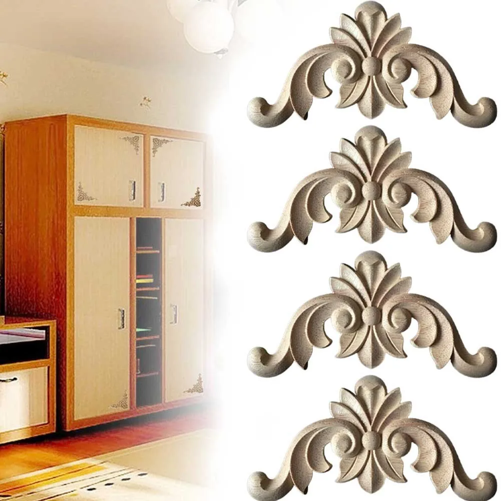 Appliques per mobili intagliate in legno Onlay applique rotonda in legno decalcomania in legno modanature in legno onlay intaglio europeo non verniciato lungo floreale in legno decorazione angolo