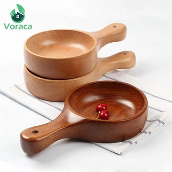 

Japanese Style Natural Wooden Fruit Bowl Handmade Solid Wood Bowl with Handle for Salad Kimchi Rice Tabletop Photography Props