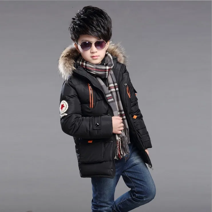 Детская зимняя куртка Верхняя одежда для мальчиков, пальто длинные теплые плотные парки с капюшоном для мальчиков детская Лыжная куртка для подростков - Цвет: Black