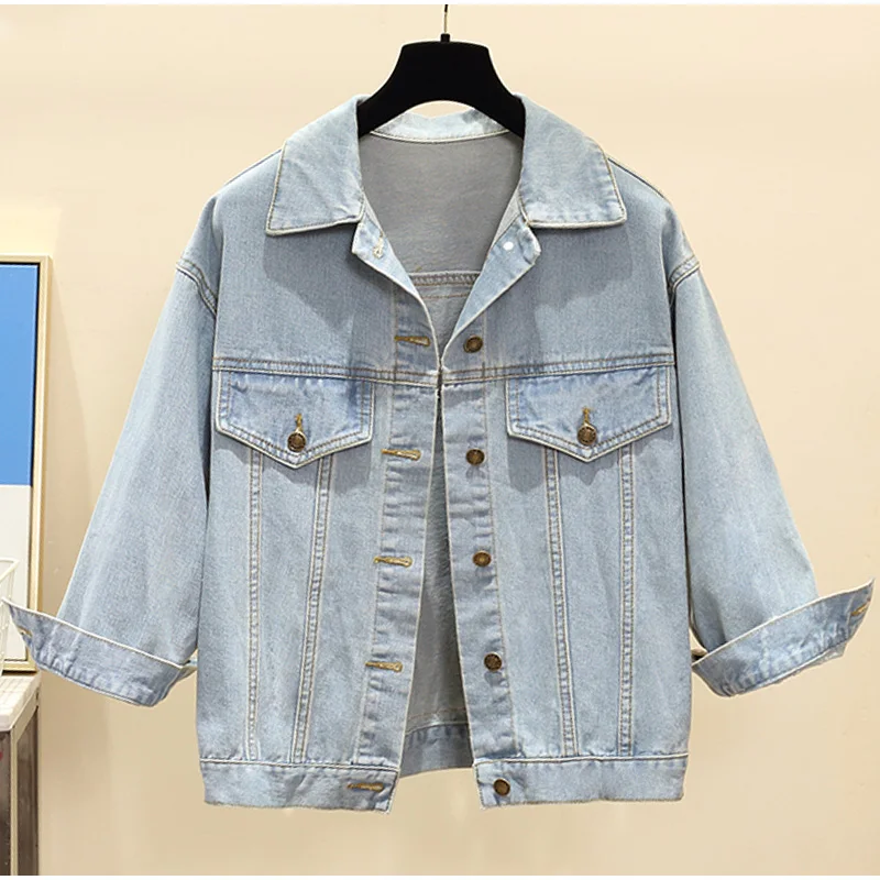 Короткие джинсовые куртки размера плюс, Harajuku, с блестками сзади, 3Xl, 4Xl, Женский светильник, синий, рукав три четверти, куртки-бомберы, джинсы для мам