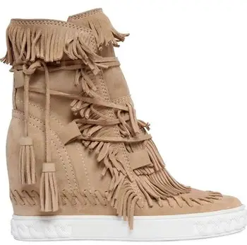 

2020 Women Candy Color 8cm Fringe Suede Height Increasing Wedge women Ankle Boots Round Toe luxury brand size 35-40