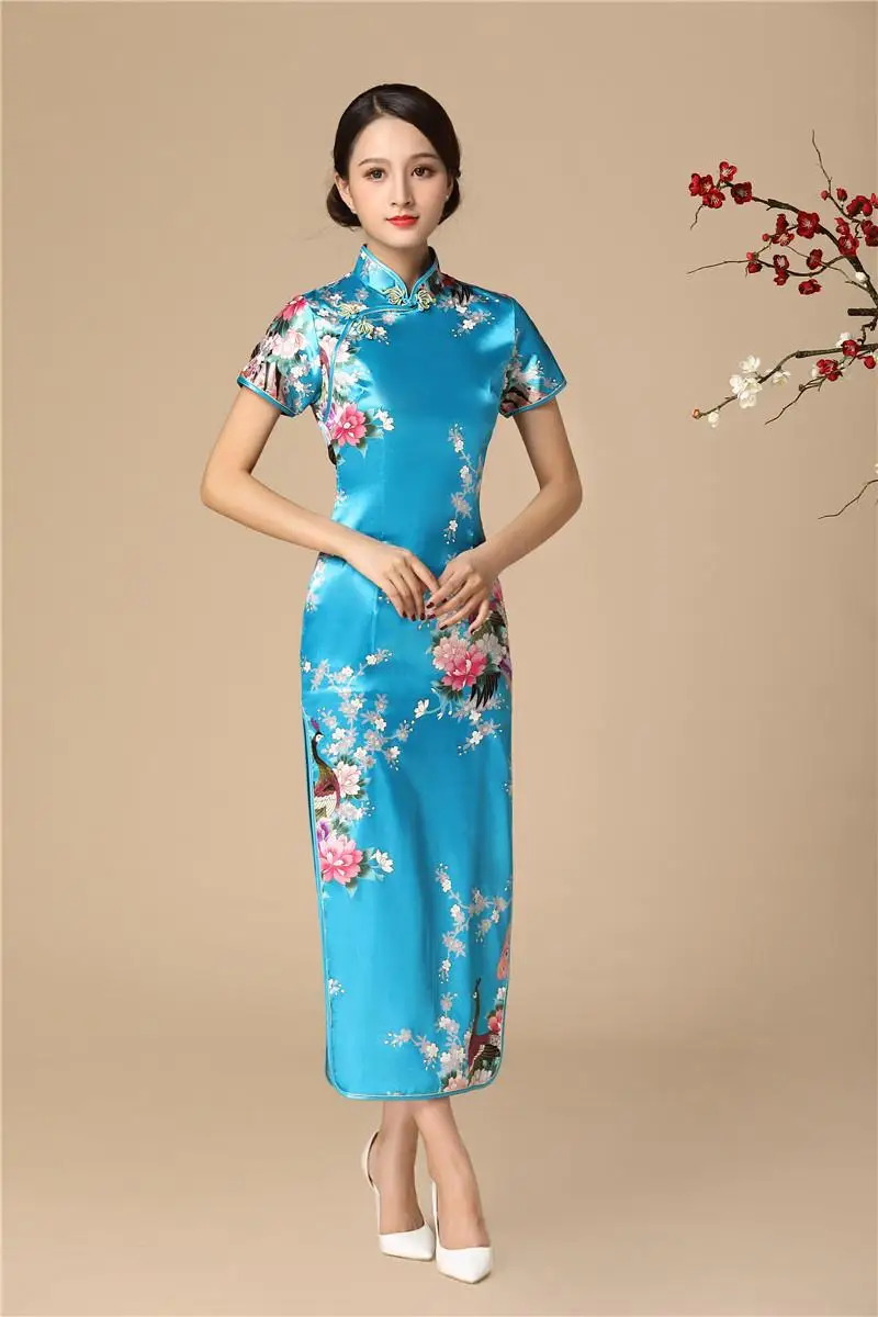 Высокий разрез пикантное классическое женское платье-Ципао винтажное платье Ципао с пуговицами в восточном стиле Большие размеры 3XL традиционное платье с павлином - Цвет: Blue