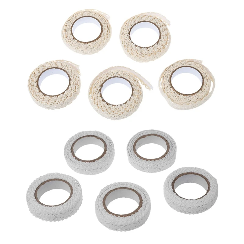 

10Pcs Roll Lace Ribbon Decorative Adhesive Sticker Galon Masking Tape Washi DIY 18Mm, 5Pcs Beige & 5Pcs White