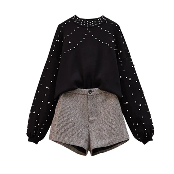 

Large size ladies' new winter kit nail bead sweater pullover black top short pants women shorts suit two pcs leisure suits