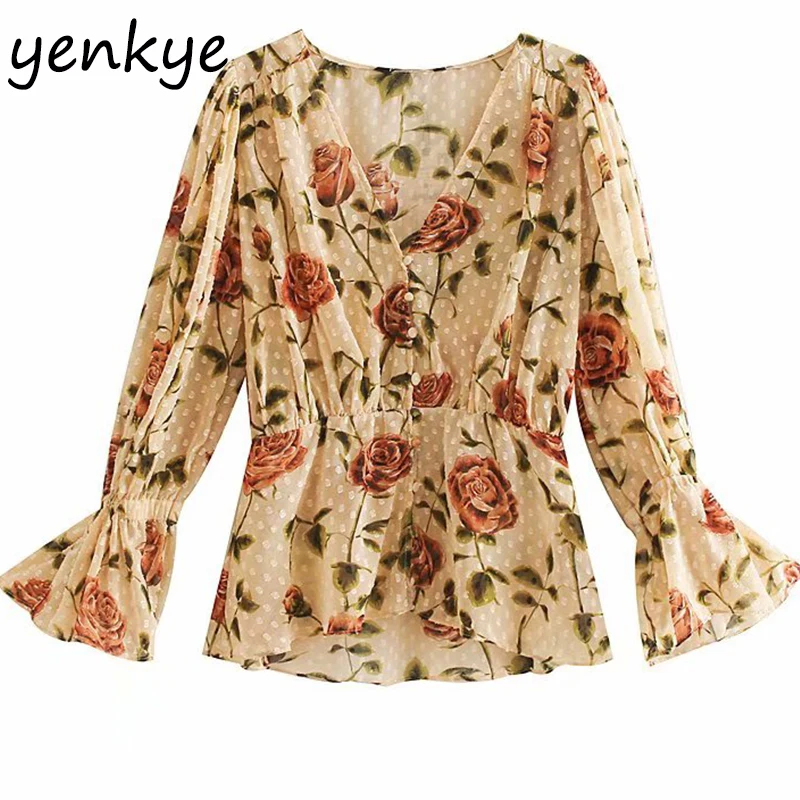 

Chic Floral Print Vintage Blouse Shirt Women Long Sleeve V Neck Chiffon Blouse Autumn Tops Plus Size blusas OZZ9341