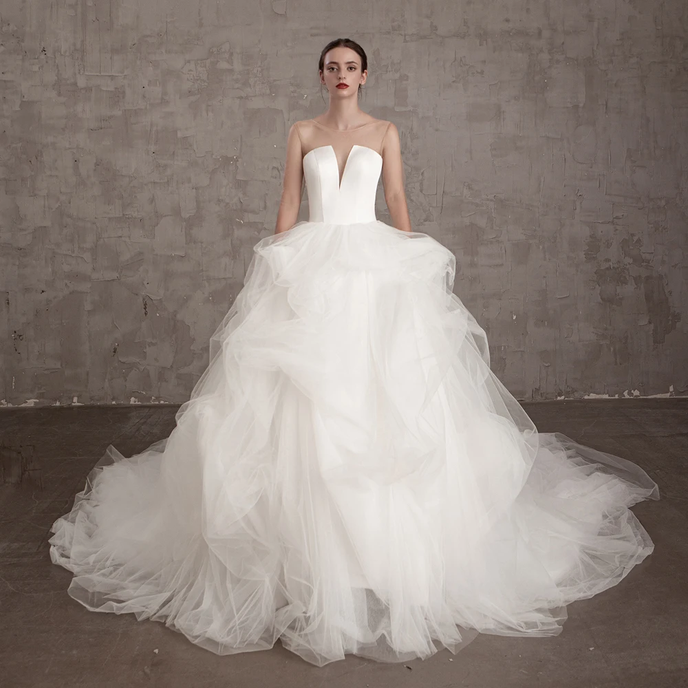 

Simlple Soft Satin real photo 2020 new style V-neck flower A-line Bride wedding dress Vestido de noiva Bridal Gown Court Train