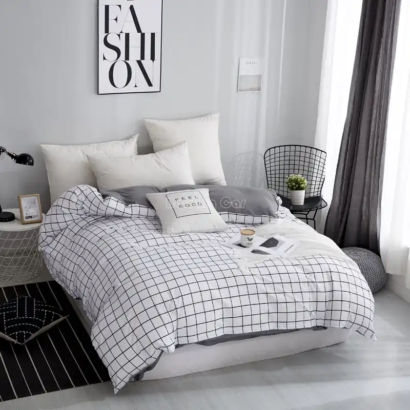 Home Textile White Plaid Duvet Cover With Zipper 1 Piece Modern