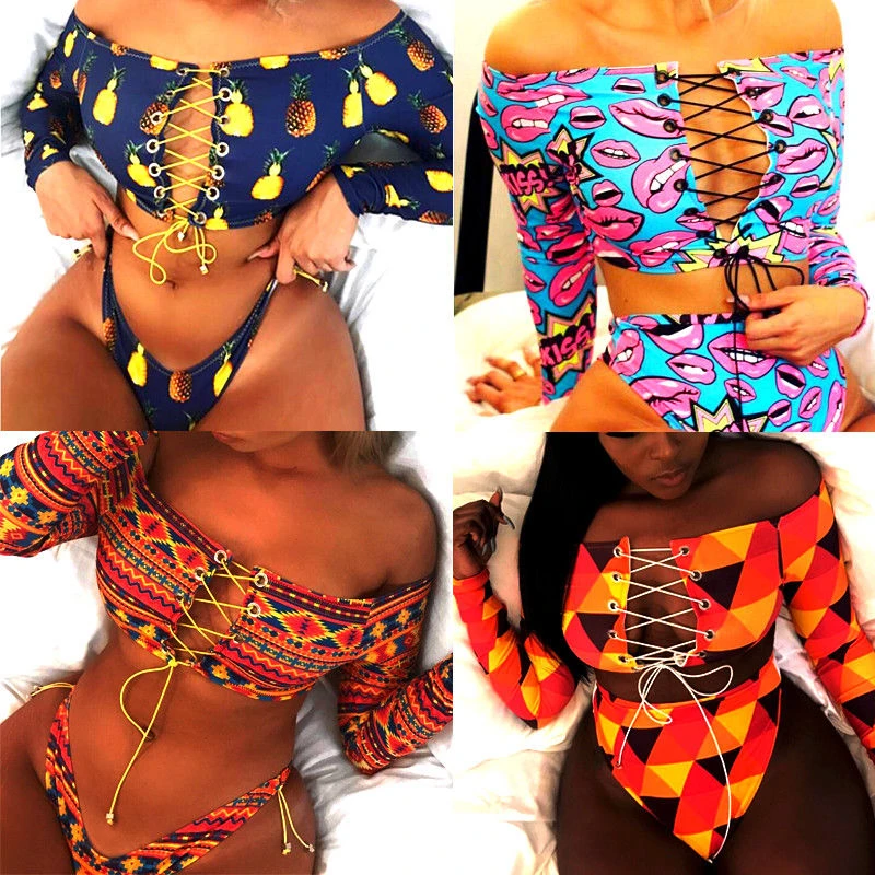 

Women Bikini Set Push-up Padded Bikini Long Sleeve Off Shoulder Printing Bandage Swimsuit Swimwear Brazilian Beachwear