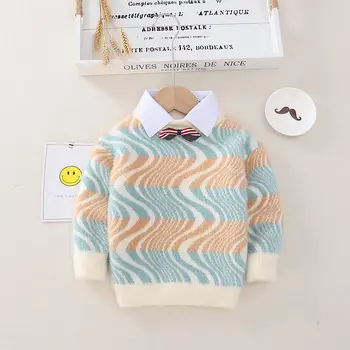 

INS HOT Baby Boys Sweater 2-7 Years Old Autumn and Winter Children's Sweater Mohair Shirt Collar Wave Pattern Kids Sweaters