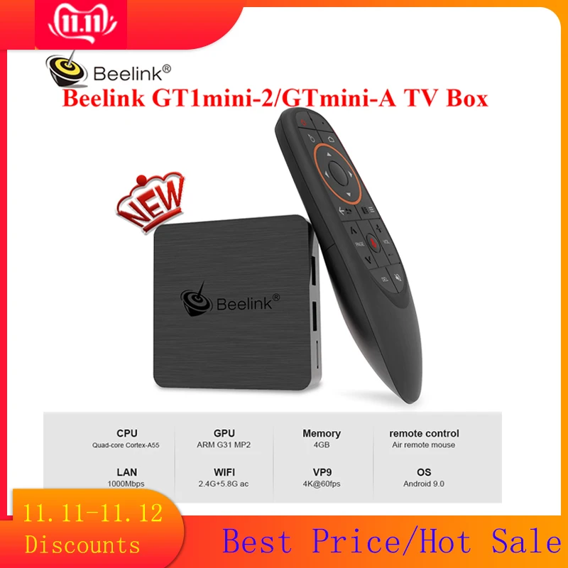 ТВ-приставка Beelink GT1mini-2 Android 9,0 Smart Amlogic S905X3 4 Гб DDR4 64 Гб Bluetooth 2,4G+ 5,8G WiFi 4K 1000 Мбит/с 2,4G голосовое дистанционное управление